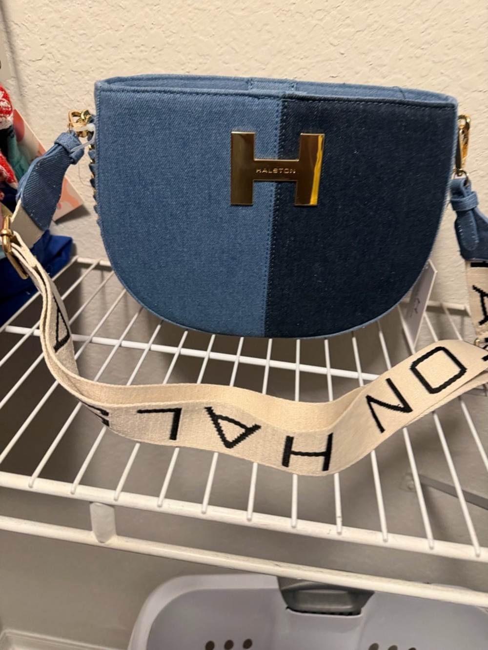Halston Heritage Two-Tone Denim Blue Crossbody with Branded Strap